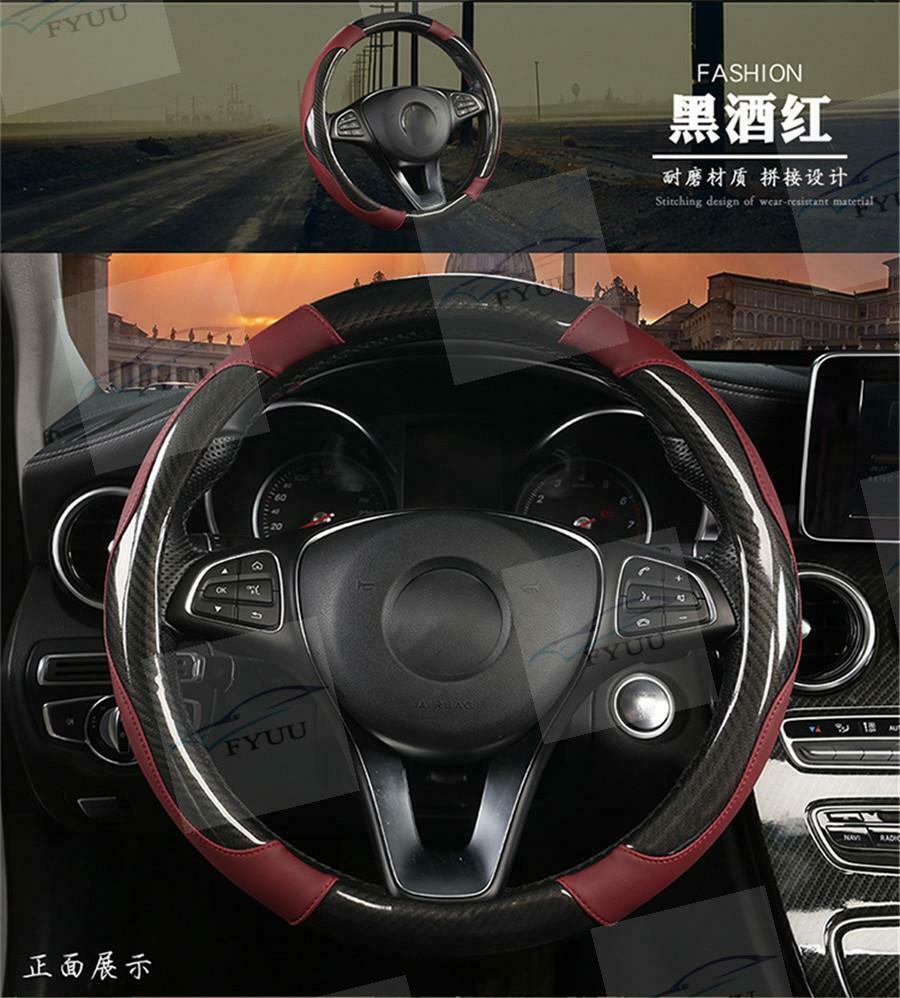 15inch/38cm Carbon Fiber Leather Stitching Steering Wheel Cover Black Non-slip