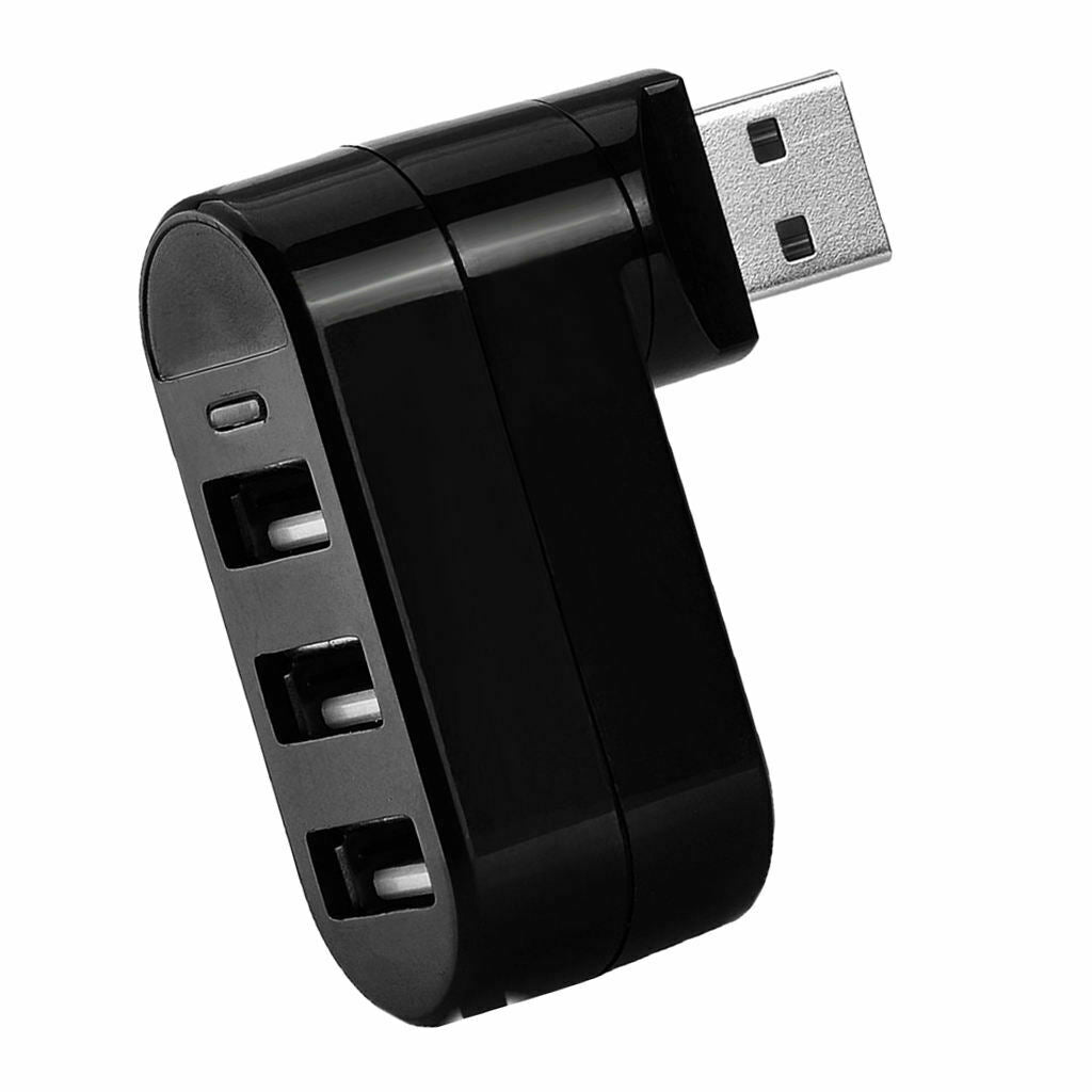 Premium Mini 3-Port USB 2.0 90°/180° Degree Rotatable Hub Adapter, Black