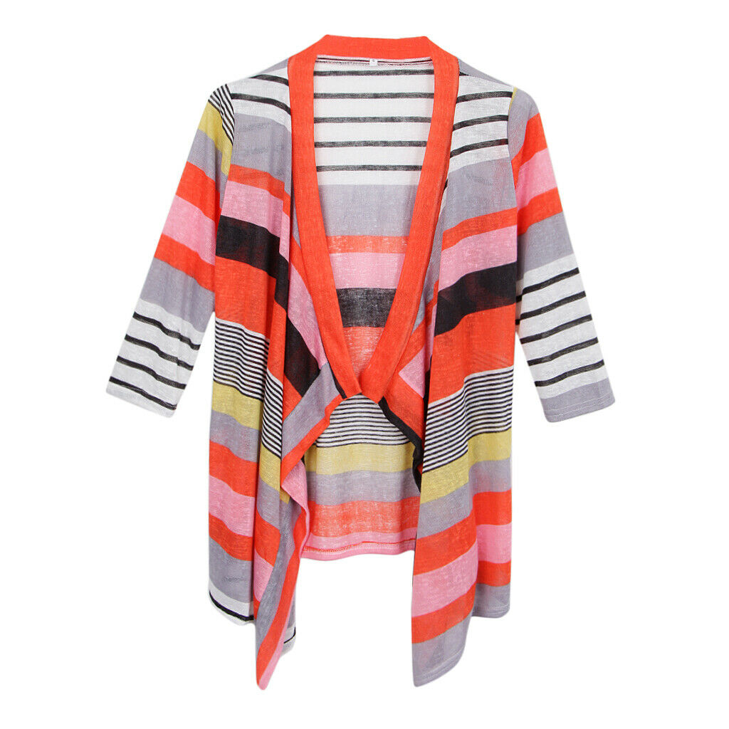 Women's 3/4 Sleeve Irregular Stripe Open Front Shawl Kimono Cardigan Red S