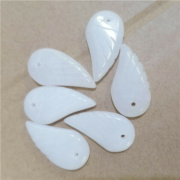 6Pcs 30x16x5mm Natural White Jade Carved Angel Wing Pendant Bead Charms HH9453