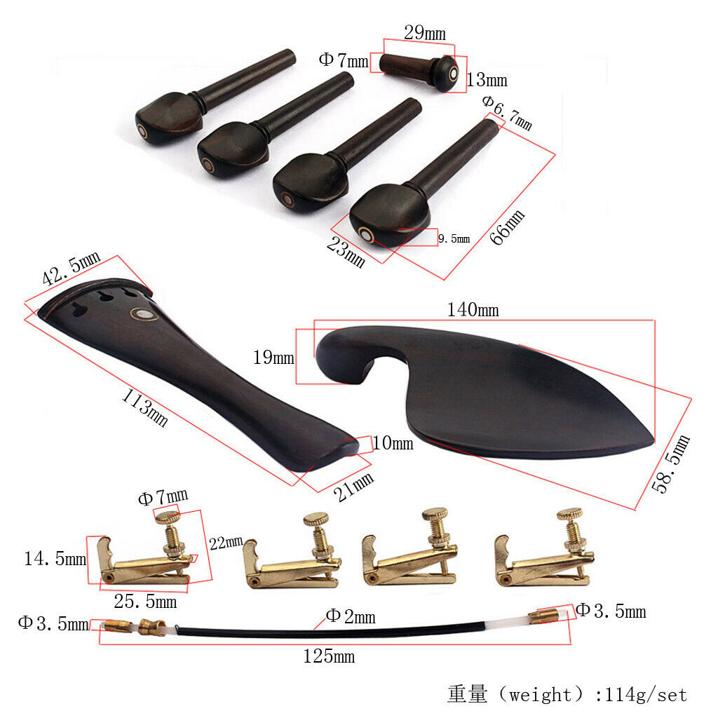 Set Ebony Violin Parts 4/4 Fittings Chinrest Pegs Tailpiece Tuner End Pins