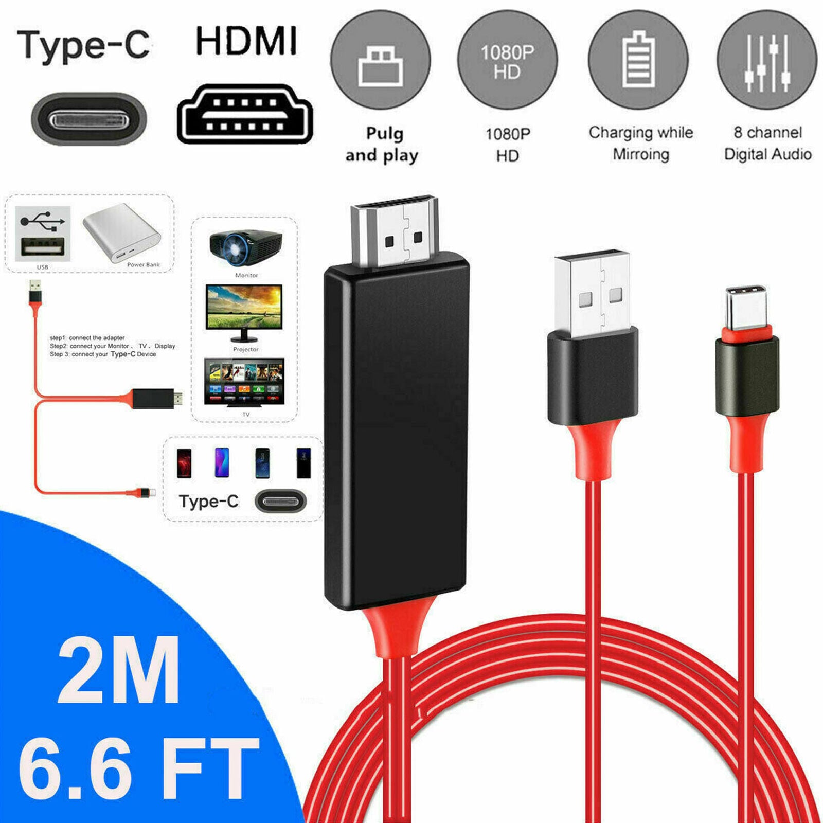 USB Type C to HDMI TV HDTV Cable Converter Adapter For Macbook Android Phone