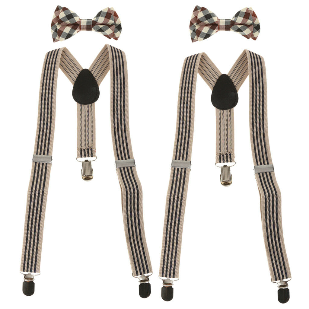 2Sets Boys Adjustable Suspenders   Braces Belts with Plaid Bowties Set