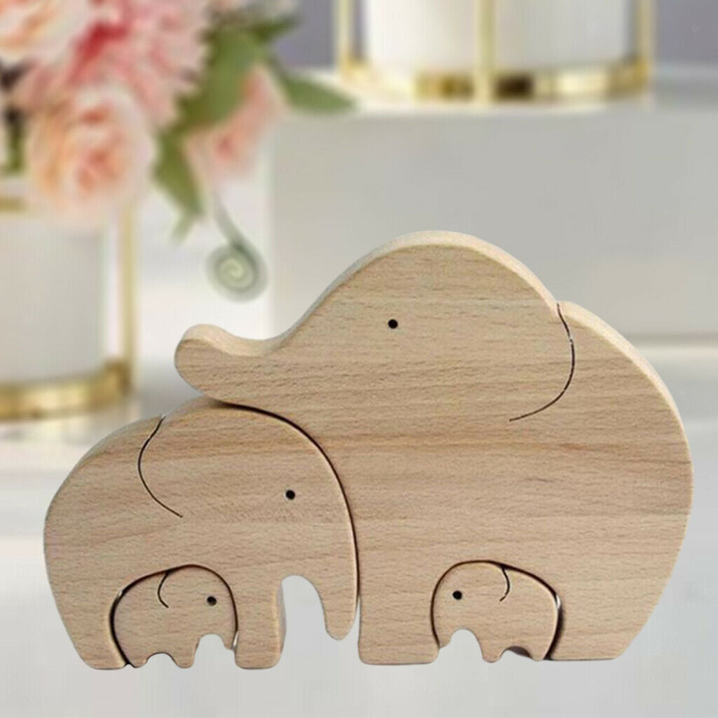 Elephant Family Statue Wood Animal Sculpture Indoor Home Decor Mother's Gifts