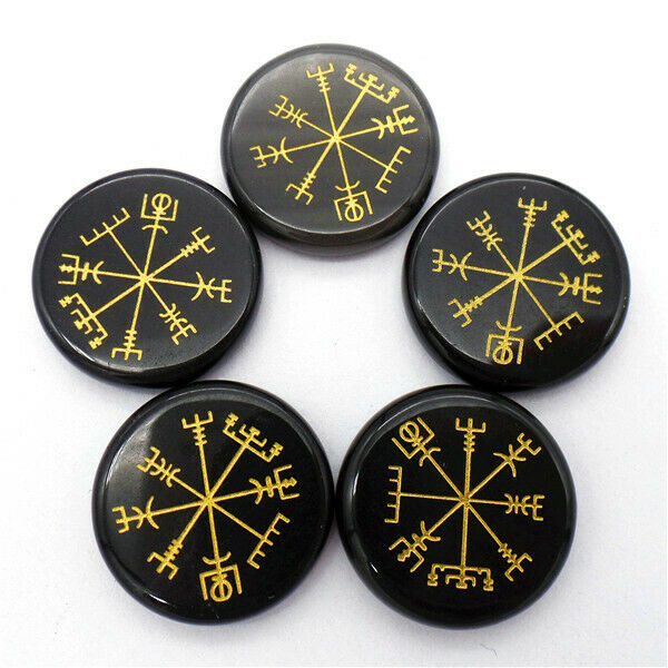 5Pcs 25x6mm Black Obsidian 7 Chakra Symbol Healing Reiki Stone Decor HH7690