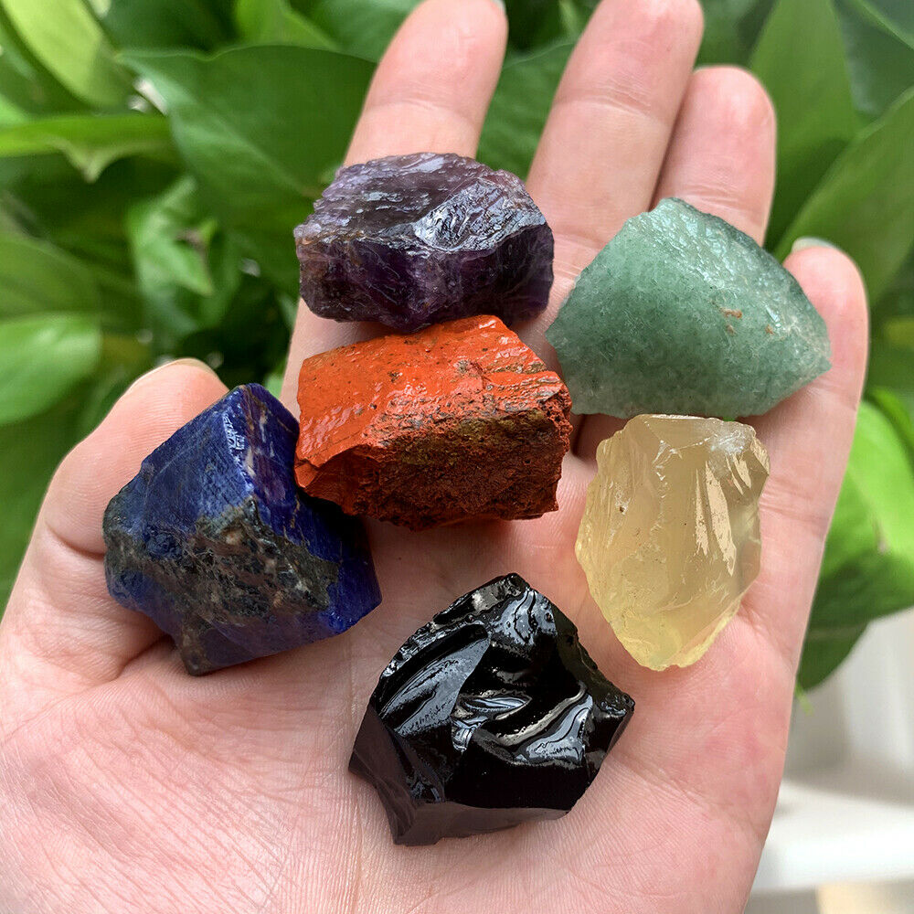 Large Chakra Stones Set: 7 Rough Crystals & Raw Selenite Wand (CHARGED ROCKS)