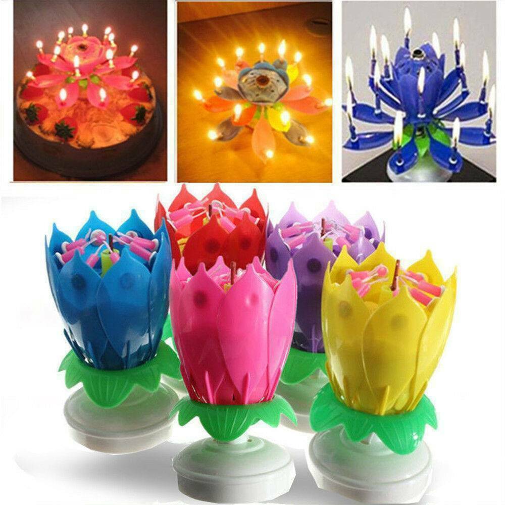 Musical Charming Lotus Flower Rotating Happy Birthday Party Lights Candle Gifts