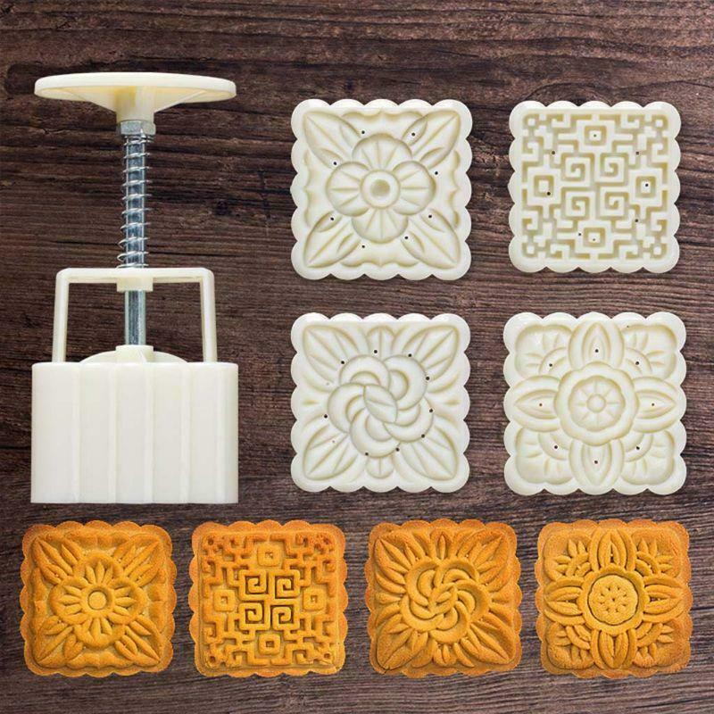 4pcs Square Hand Press Stamp Moon Cake Decor Barrel Mooncake Mold 100g DIY Tool