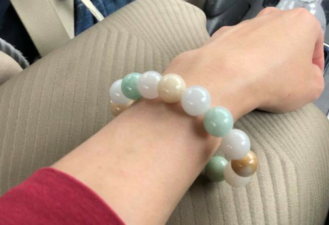 13.5MM Certified Grade A - SHINNY Green Yellow White ä¸‰å½© Jadeite Beads Bracelet