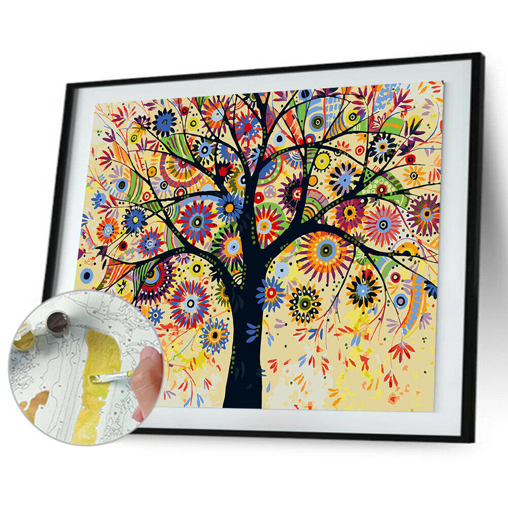 Hand Painted DIY Painting By Numbers Colorful Tree Wall Art Craft Picture @