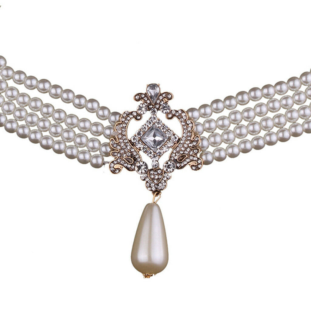 Multi Strand 4 Layers Crystal Simulated Pearls Bib Choker Necklace