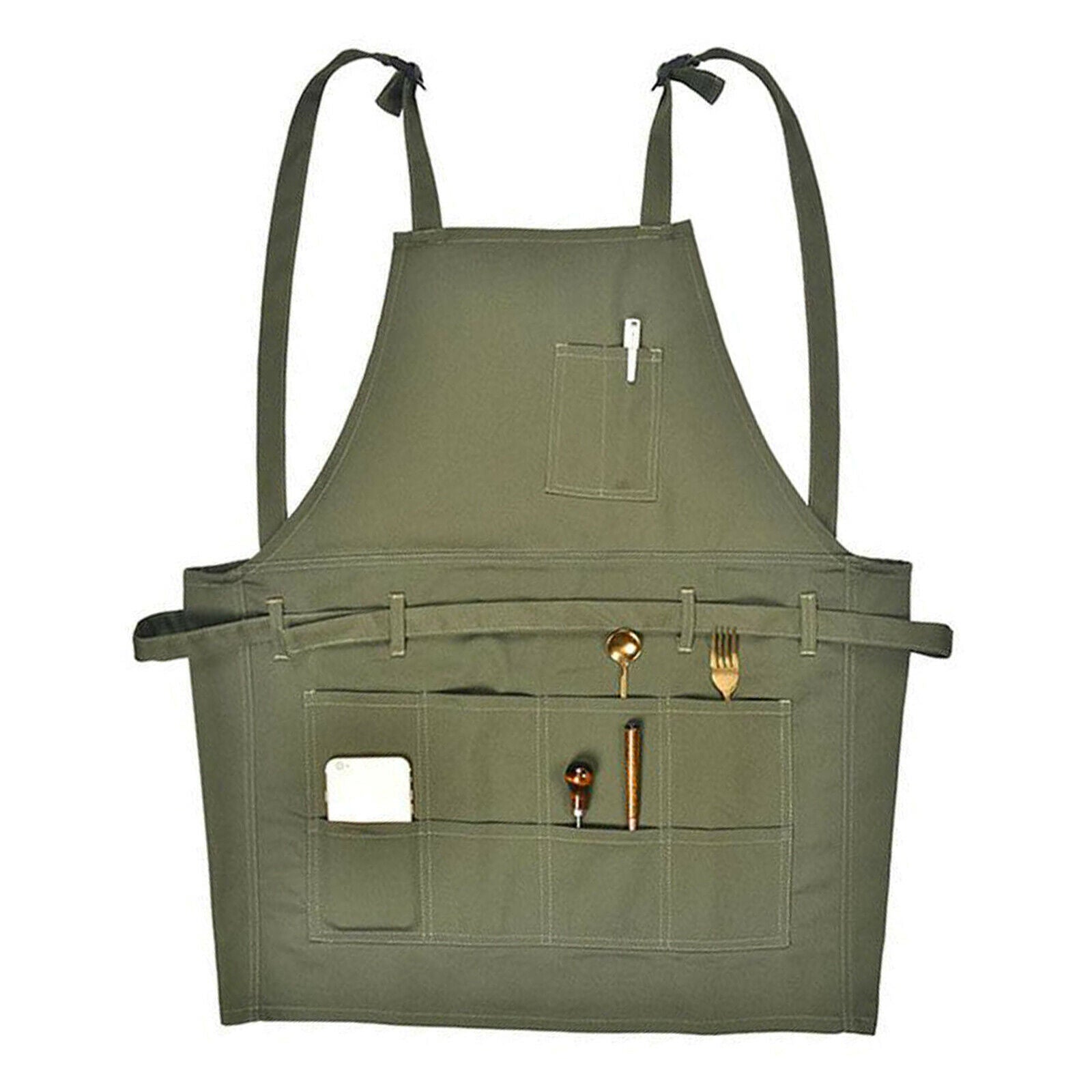 Unisex Canvas Apron for Women, Shoulder Straps and Pockets Design, Utility Shop