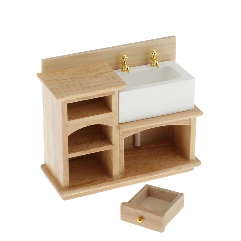 1:12 Handmade Wooden Hand Basin Sink Cabinet for Bathroom Kitchen Accessory