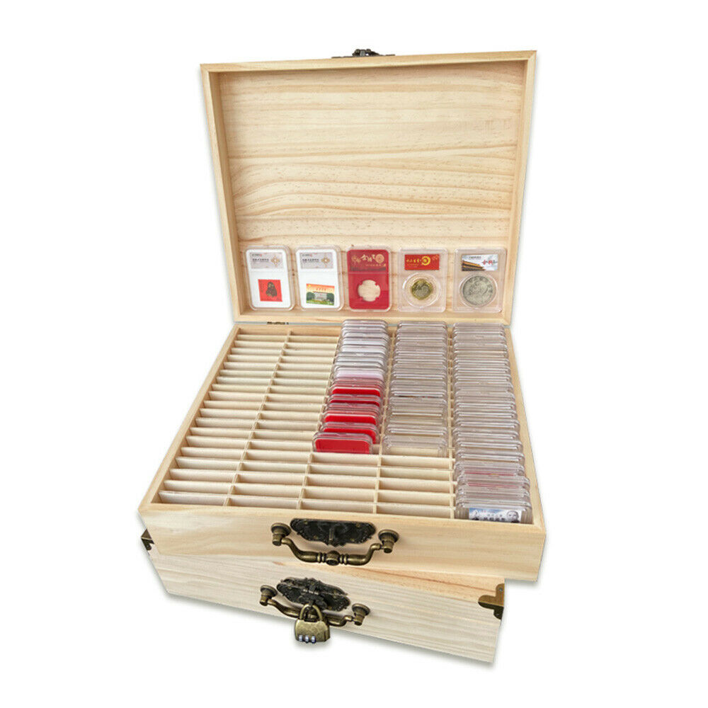 100 Empty Grade Coin Identification PCGS PCCB Wood Storage Box Holder Organizer