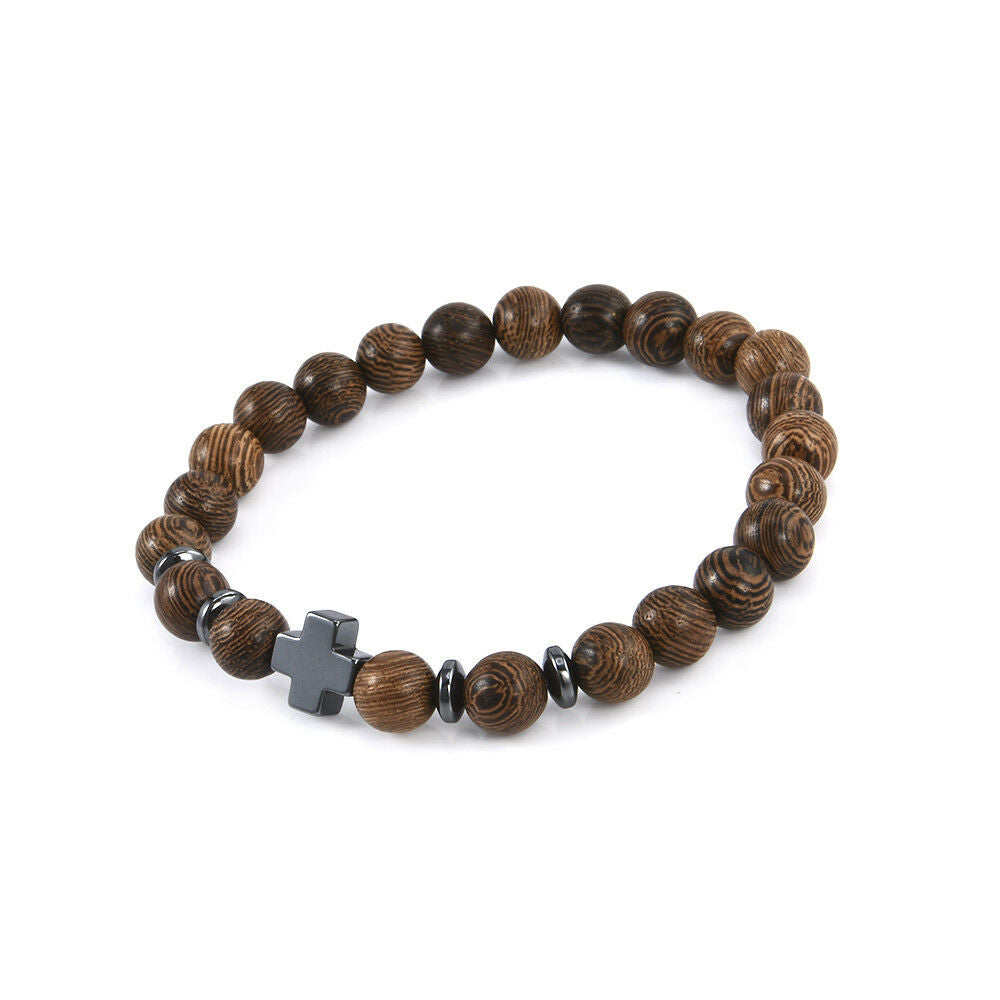 Hot Men Women Hematite Cross Wooden Bracelets Stretchy Wooden Bracelet Beads JT