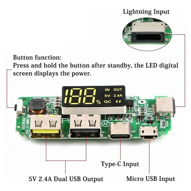 LED Dual USB 5V 2.4A Micro/Type-C / Flash USB Power Bank Charger Board US