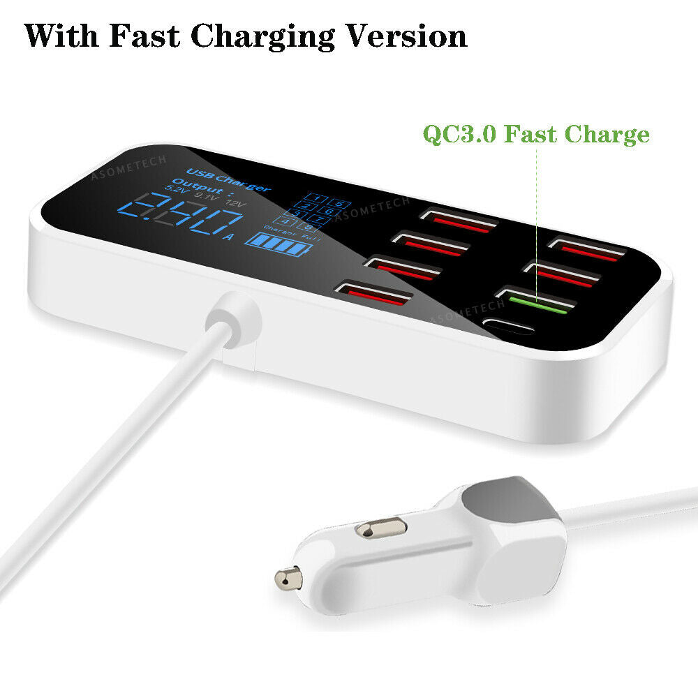 8-port 40W Fast Charging 3.0 USB Car Charger LCD Adapter for IOS Android System