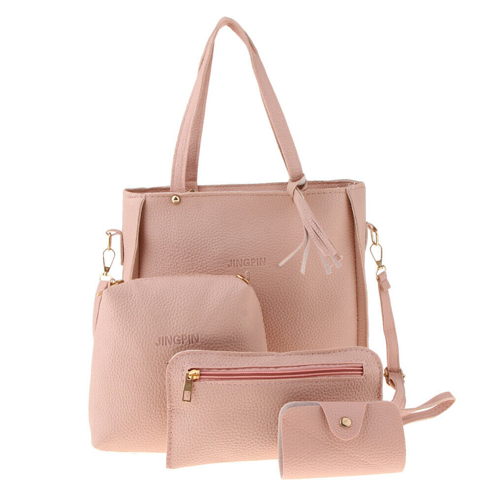 4PCS Women PU Leather Handbag Shoulder Bags Tote Purse Satchel Bag Set Pink
