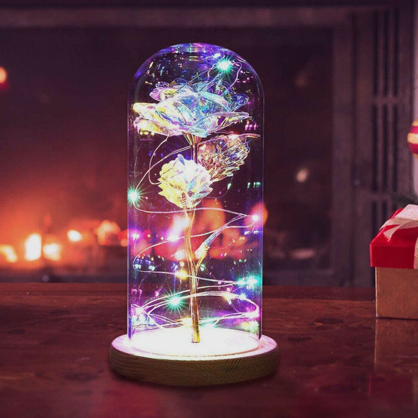 Crystal Galaxy Rose in the Glass Dome 20 Led Lights Gift for Girlfriend Mom Wife