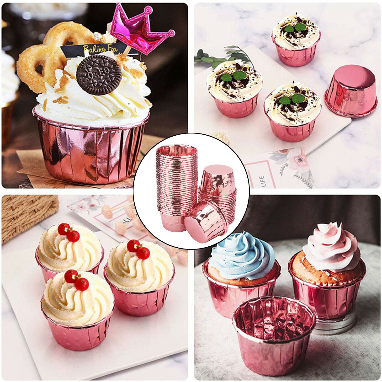 50x Foil Cup Cake Cases Cupcake Muffin Paper Baking Cups Wrappers Rose Pink