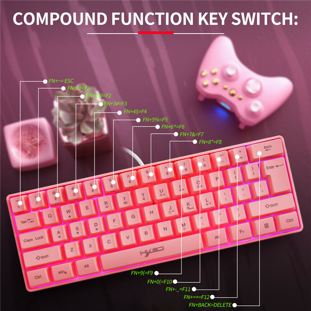 Pink 61 Keys Gaming Keyboard RGB Lighting Wired Keyboards For Tablet Desktop PC