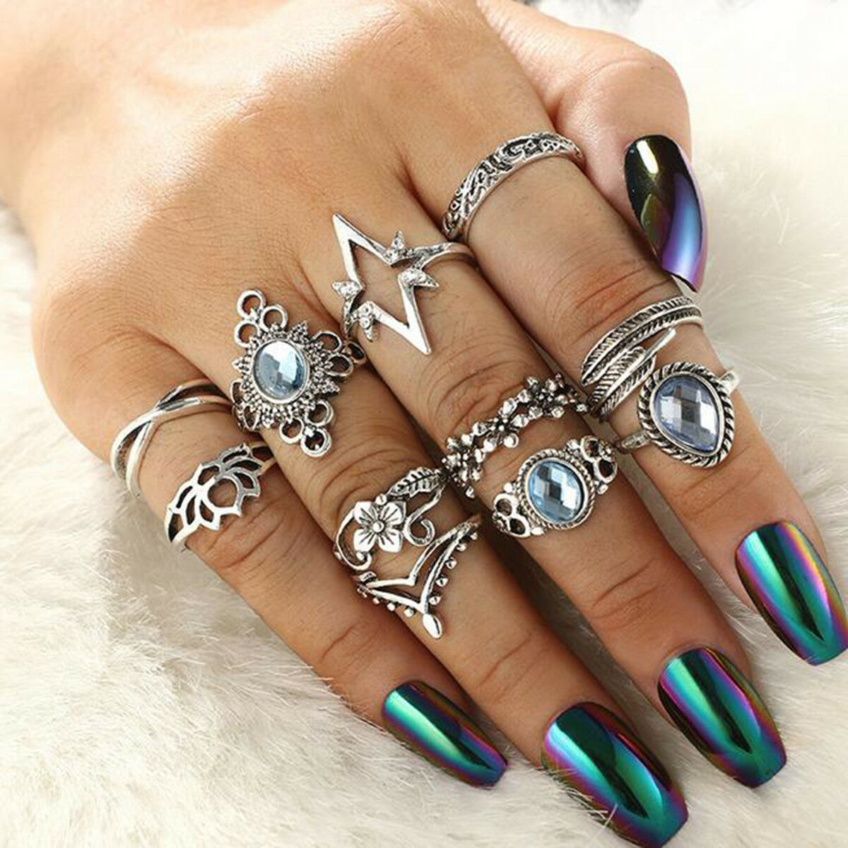 11Pcs/Set Boho Women Blue Crystal Flower Rings Set Leaf Lotus Knuckle Midi Rings