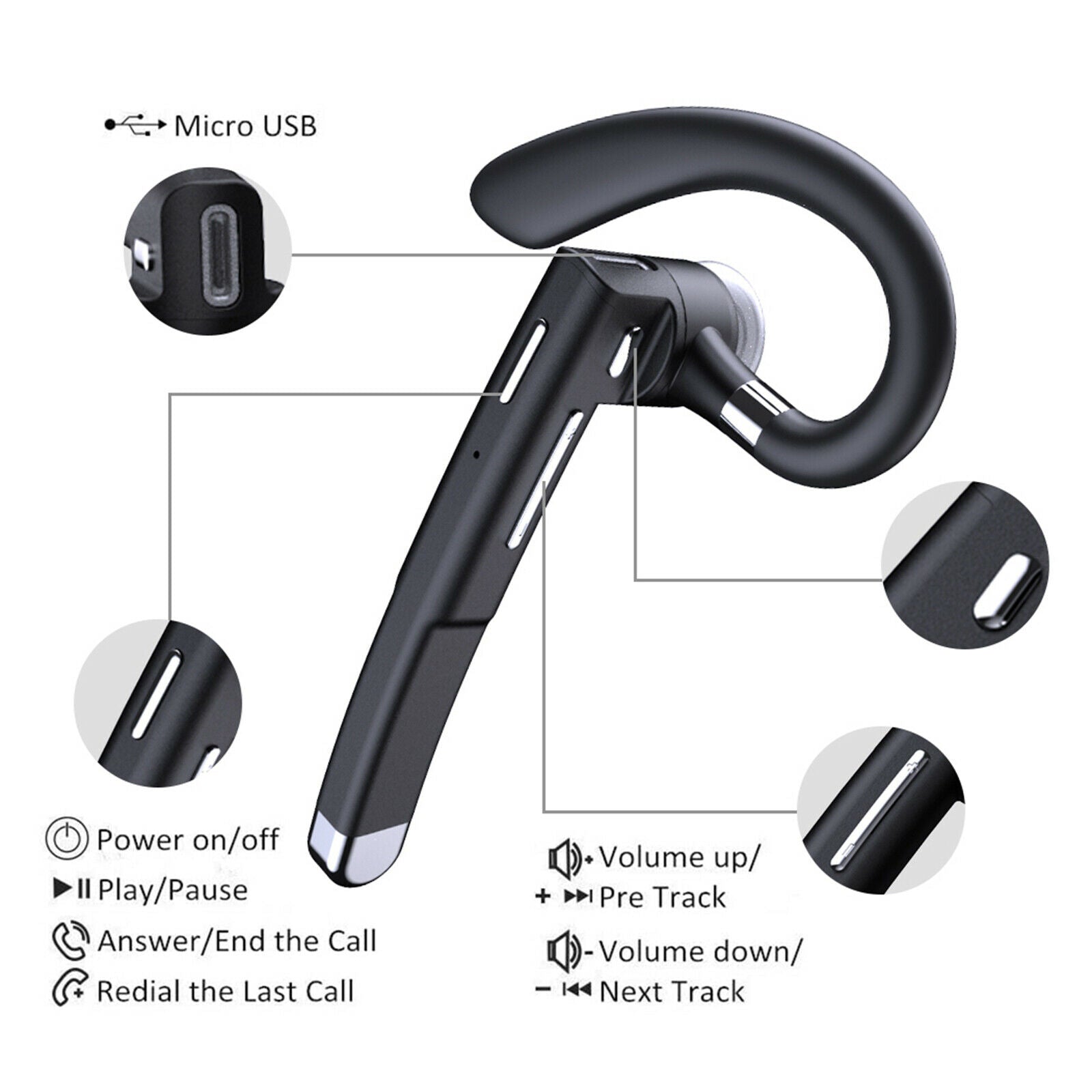 Wireless Bluetooth Headset Headphone Earphone Ear Hook Sport Handfree