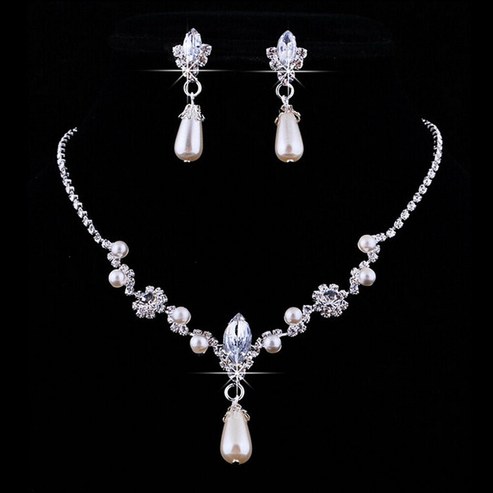 Fashion Wedding Faux Pearls Rhinestone Necklace Water Drop Earring Jewelr.l8