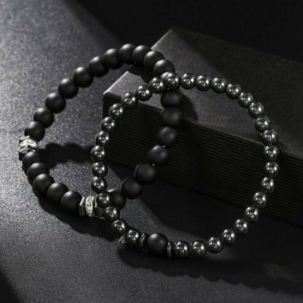2pcs Natural Stone Cooper Bead Bracelet Set Men Matte Lava Volcanic Jewelry Gift