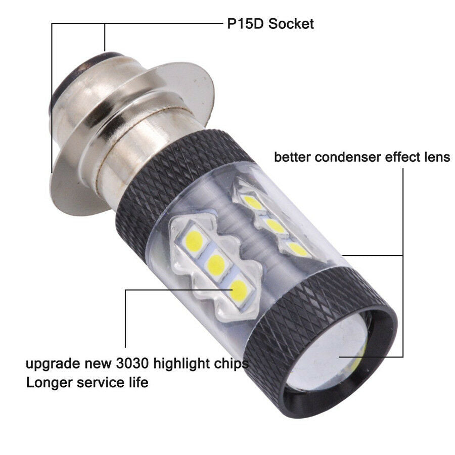 2Pcs 80W High Power 16 LED SMD P15D Motorcycle Headlight DRL Fog Light Lamp Bulb