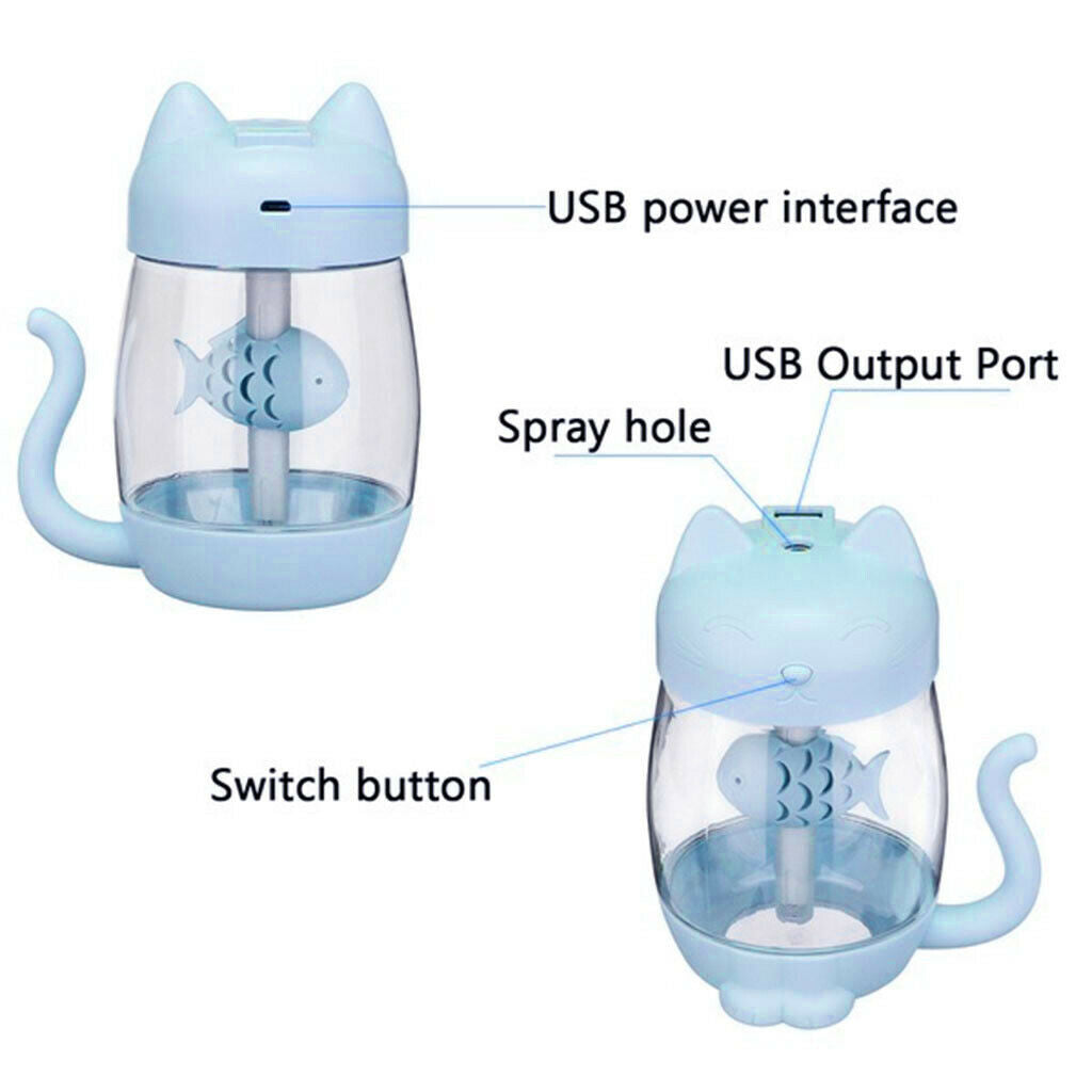 2 lot USB Cat Humidifier Fan LED Light Air Diffuser for Car Desk Purple+Blue