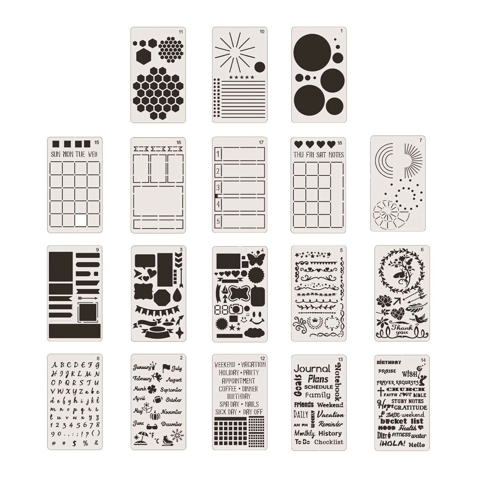 18x Paint Stencils Drawing Template Washable Reusable A5 Book Card Journal Decor