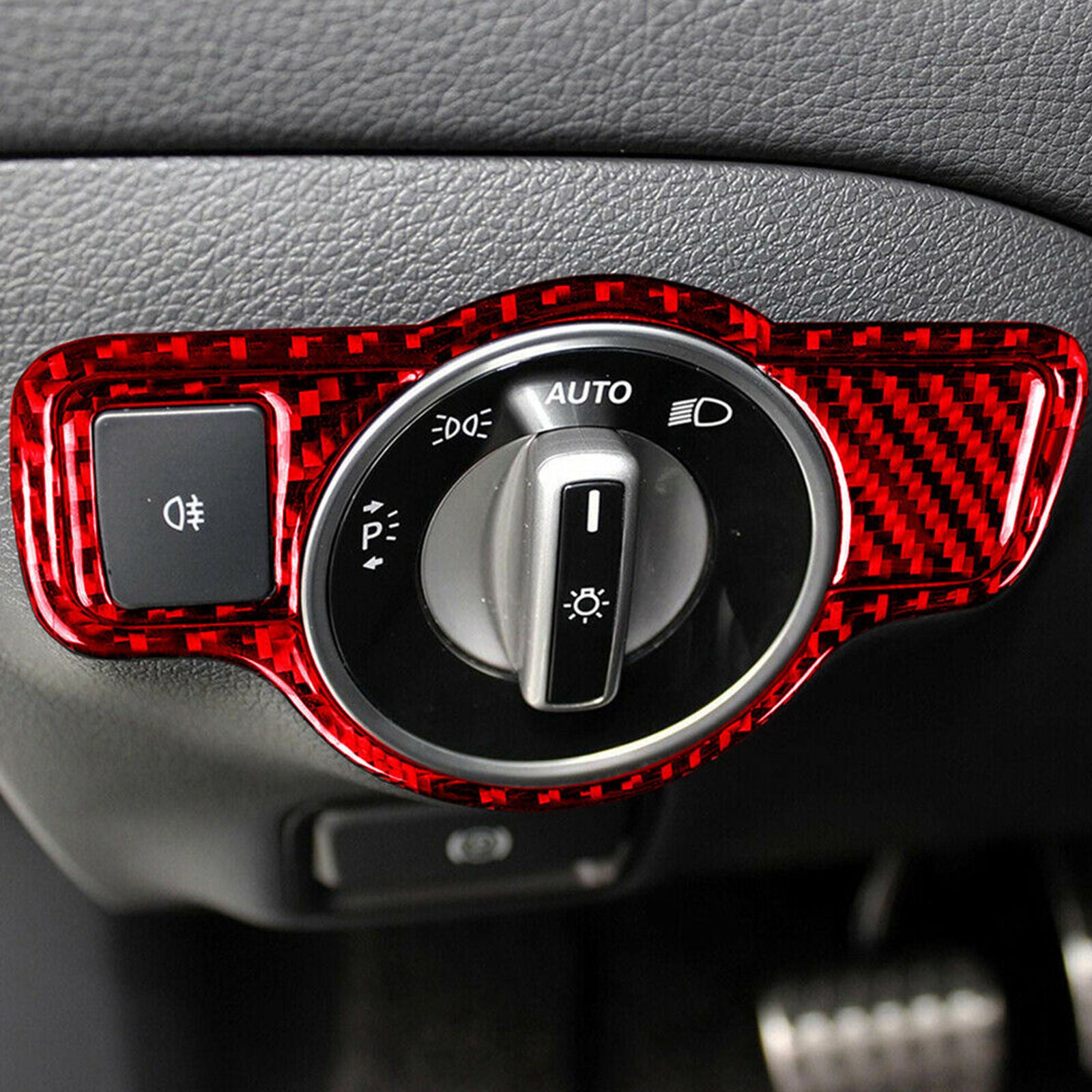 Red Carbon Fiber Headlight Button Cover Trim For Mercedes Benz CLA GLA GLE