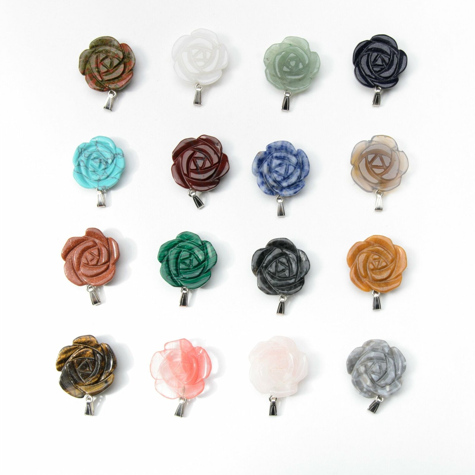 12Pcs Multicolor Mixed Stone Carved Flower Pendant For Necklace 35x8mm HH6845