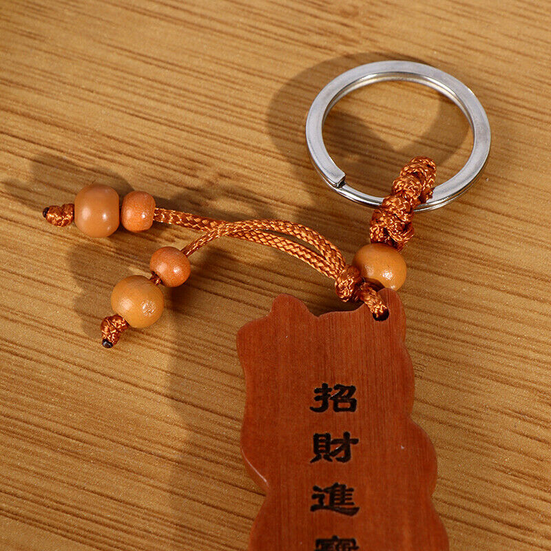 Lucky Fortune Cat Carving Wooden Pendant Keychain Key Ring Chain Wood Carving