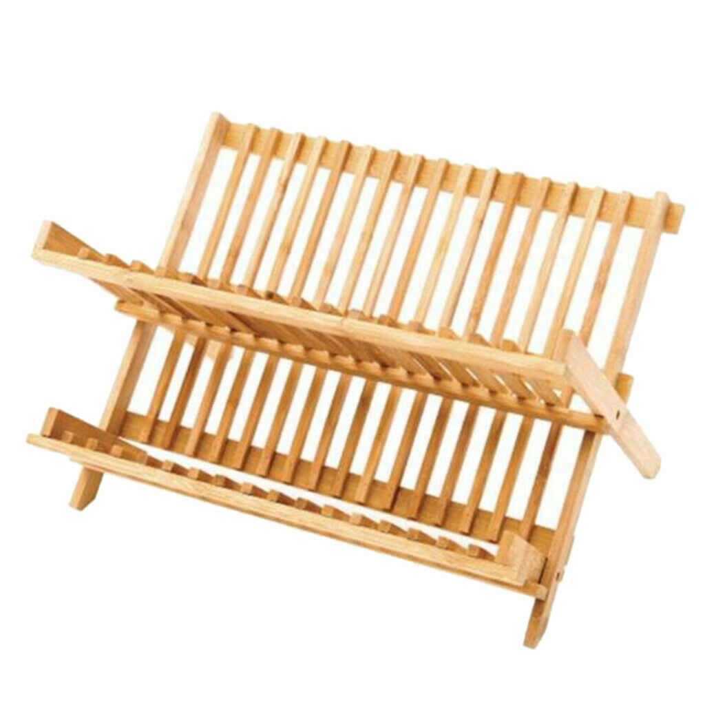 Wooden Dish Rack 2-Tier Collapsible Drainer Folding Dish Drying Rack for Home