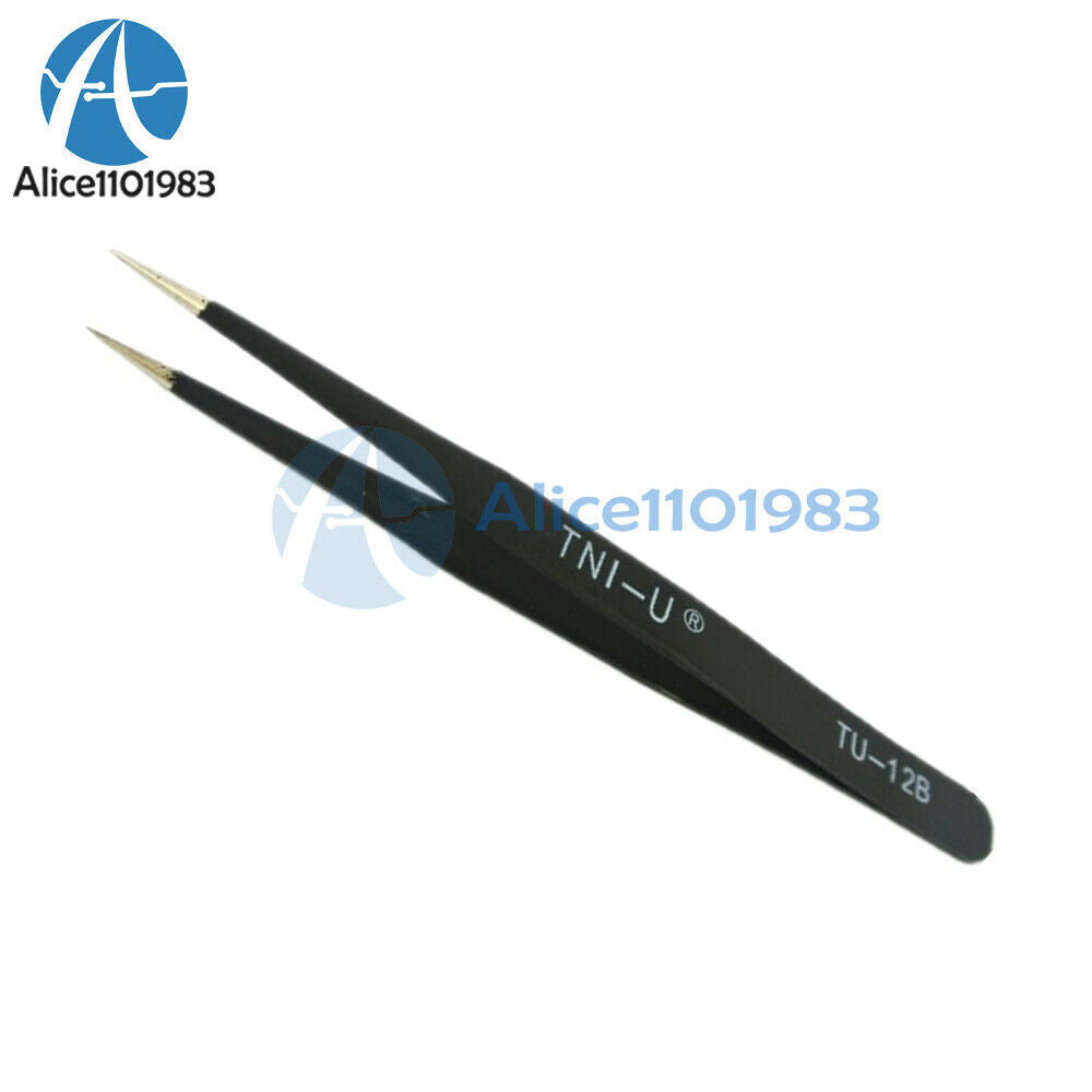Stainless Steel Black Elastic Anti-static Tip Straight Tweezer TU-12B