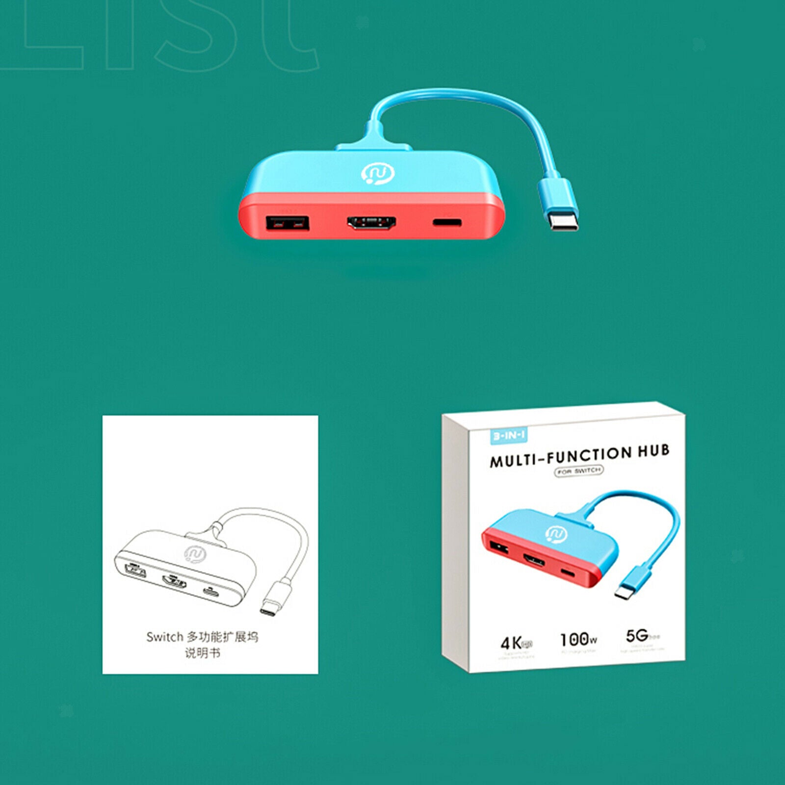 USB-C Multi-Port Hub with HDMI Output with USB 3.0 Adapter for NS Switch