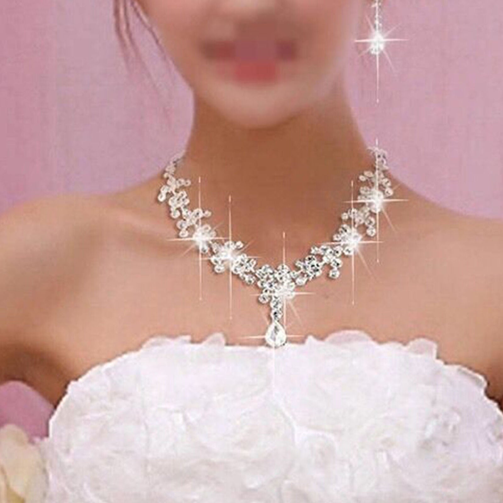 Bridal Wedding Rhinestone Crystal Cubic Necklace Earrings Jewelry Set Party