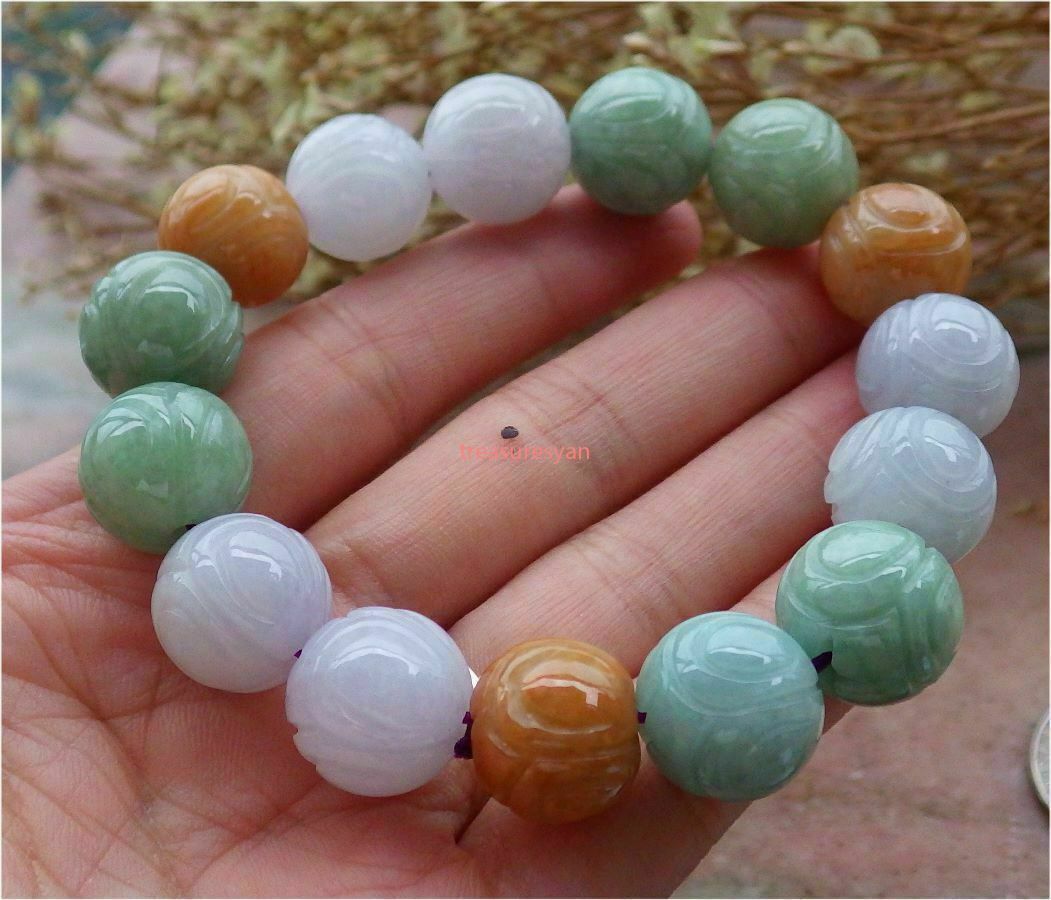 12-13mm Certified 3-color natural A jade jade lotus beaded bangle bracelet