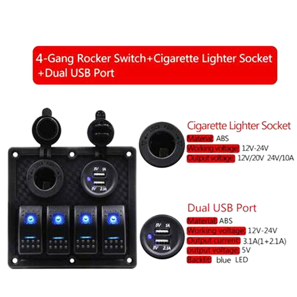 4 GANG Rocker Switch Panel Circuit Breaker Dual LED Car Marine Boat 12V 24V
