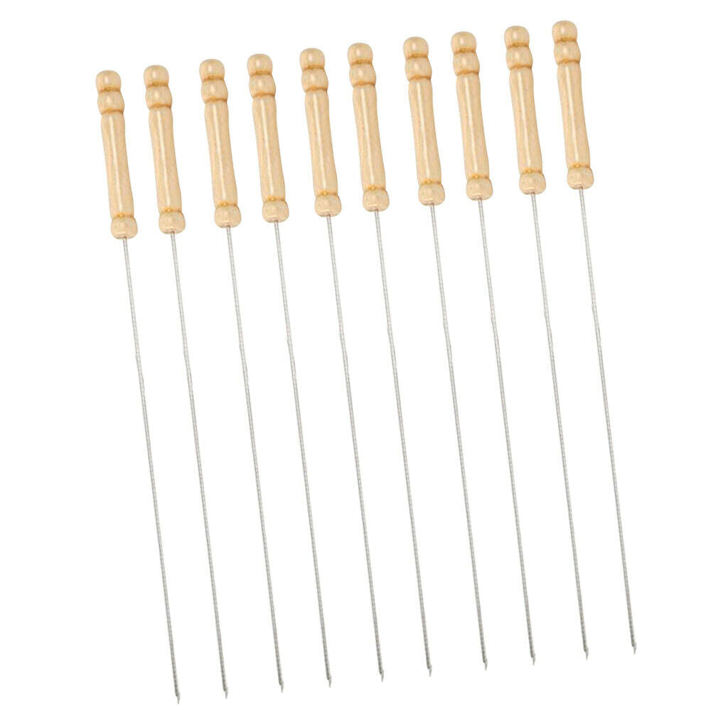 10x/set Wood Handle BBQ Skewers Stainless Steel Grill Needle Sticks 13.19