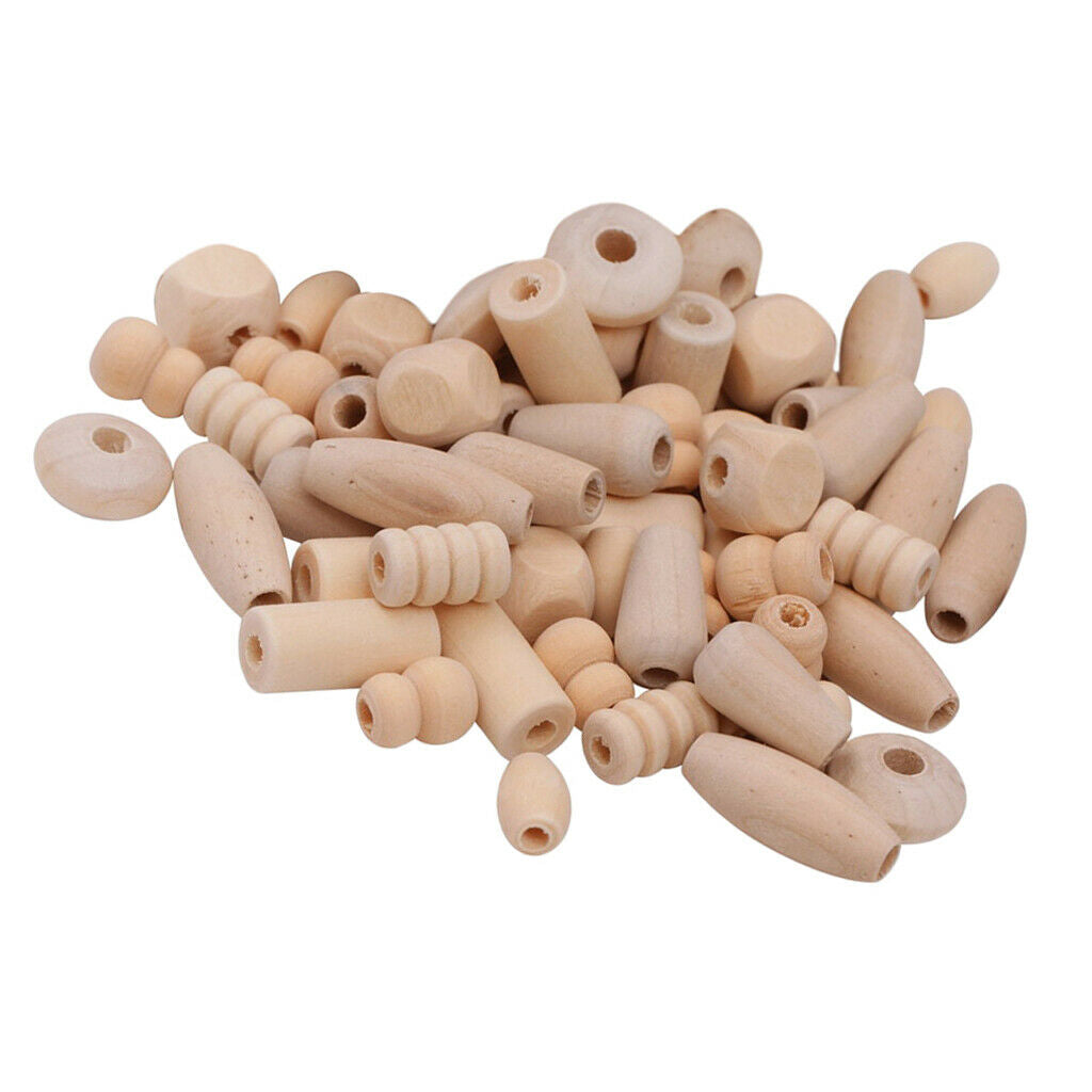 120pc Assorted Shapes Wooden Beads Plain Natural Wood Handmade Jewelry Craft