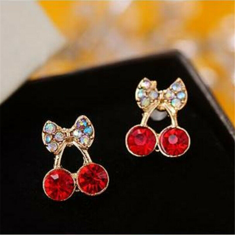 Women's Sweet Charm Crystal Cherry Bowknot Stud Earrings Rhinestone EarrinLDU Qx