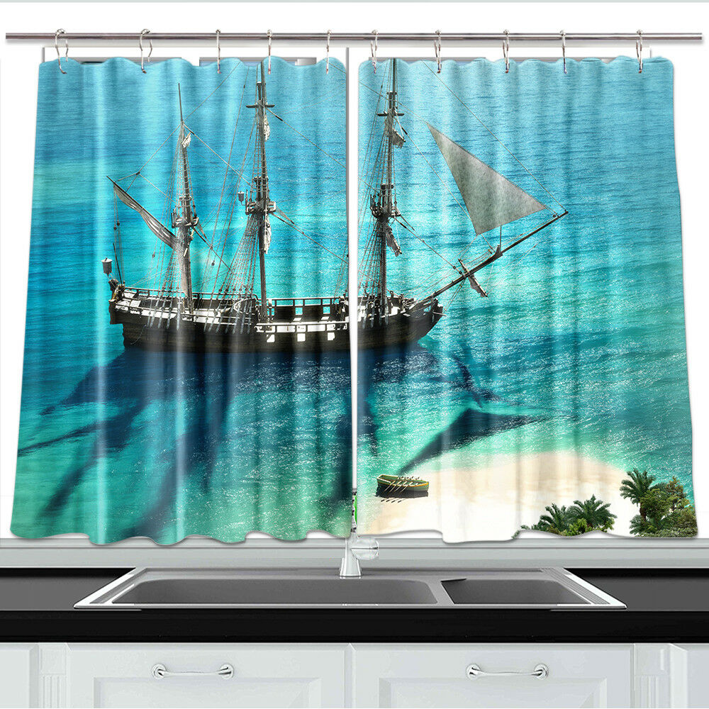 Pirate Ship Sea Window Treatments for Kitchen Curtains 2 Panels, 55X39 Inches