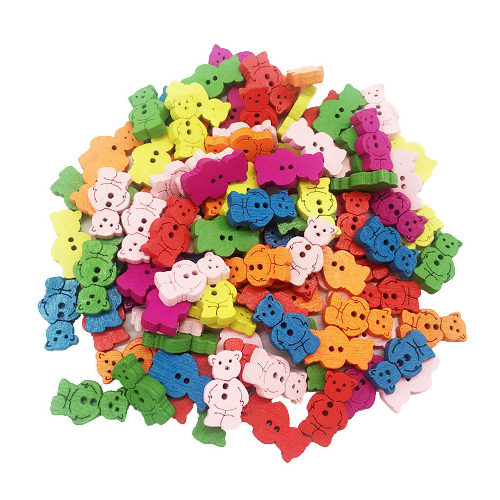 100Pcs Multicolor Bear Wooden Buttons Scrapbooking Embellishments   11mm