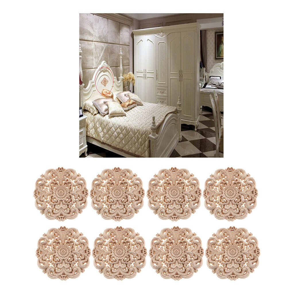 8pcs Round 4" Wood Carved Applique Onlay Cabinet Furniture Home Decoration