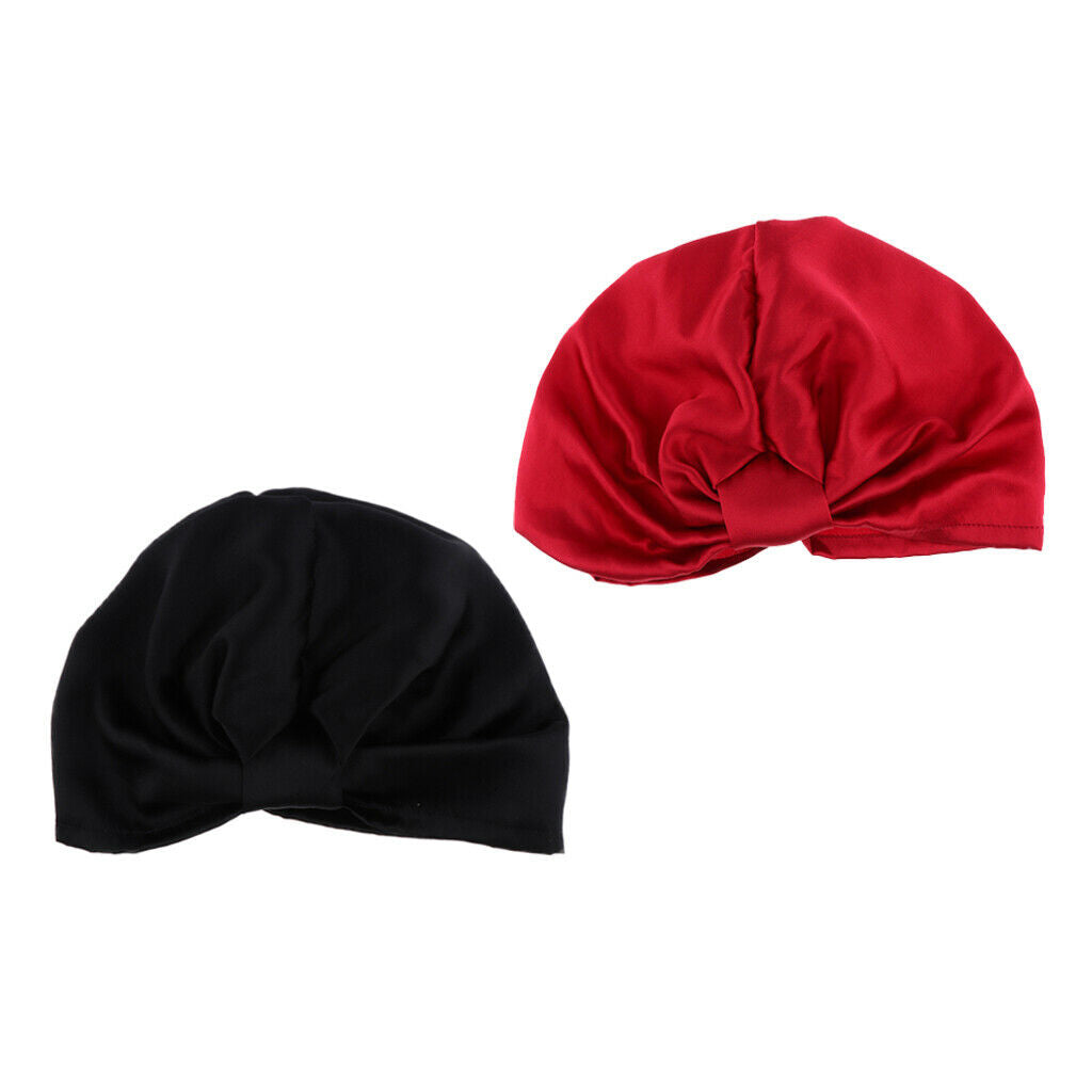 2Pcs Silky Pure Silk Elastic Breathable Knotted Sleep Hat Headwear Beanie
