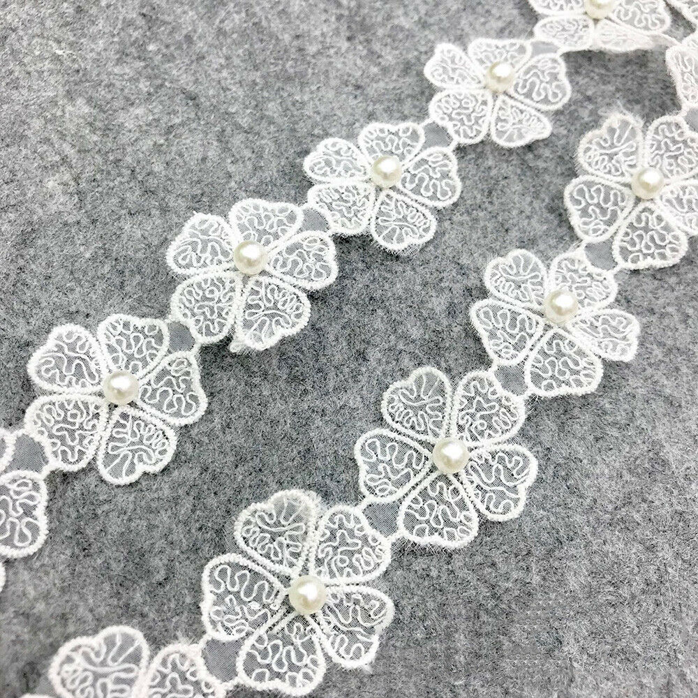 3 Yards Embroidered Lace Trim Organza Beaded Flower Ribbon Wedding Dress Sewing