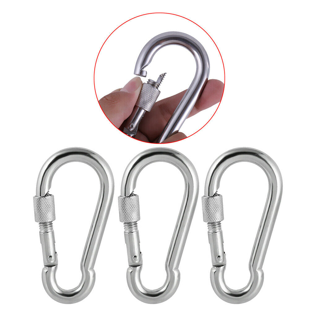 3x Stainless Steel Safety Climbing Snap Hook Carabiner Locking Clip Outdoor